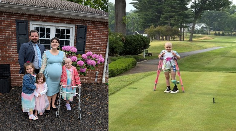 Photo of family with three kids. Photo of young girl with prosthetic leg and crutches.